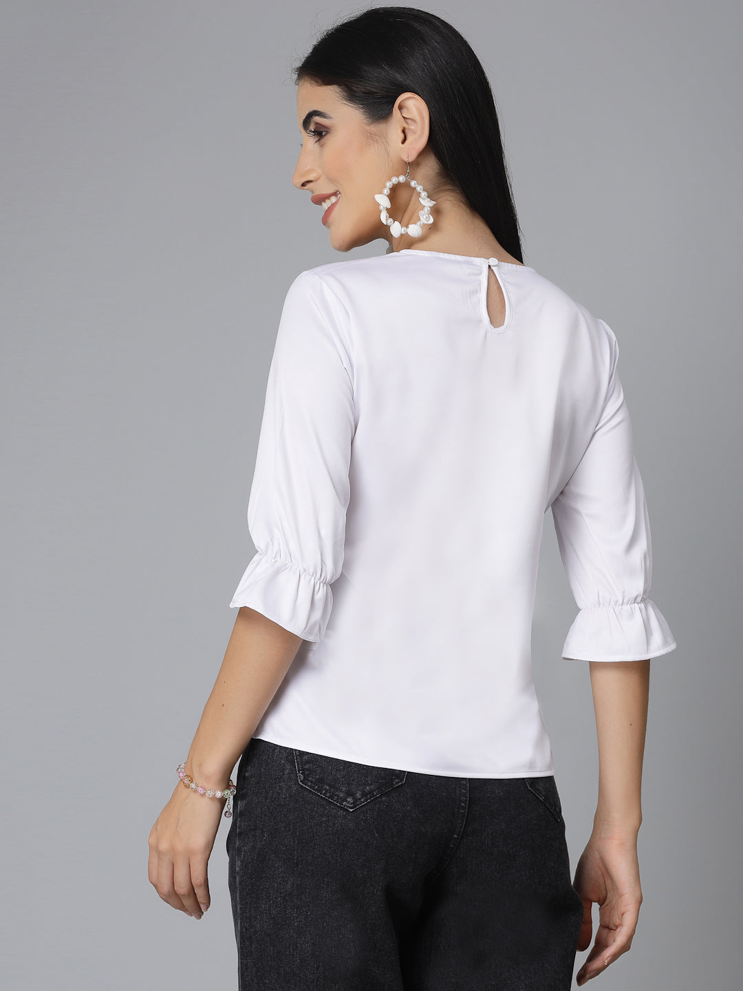 Style Quotient Women Solid White Satin Smart Formal Top