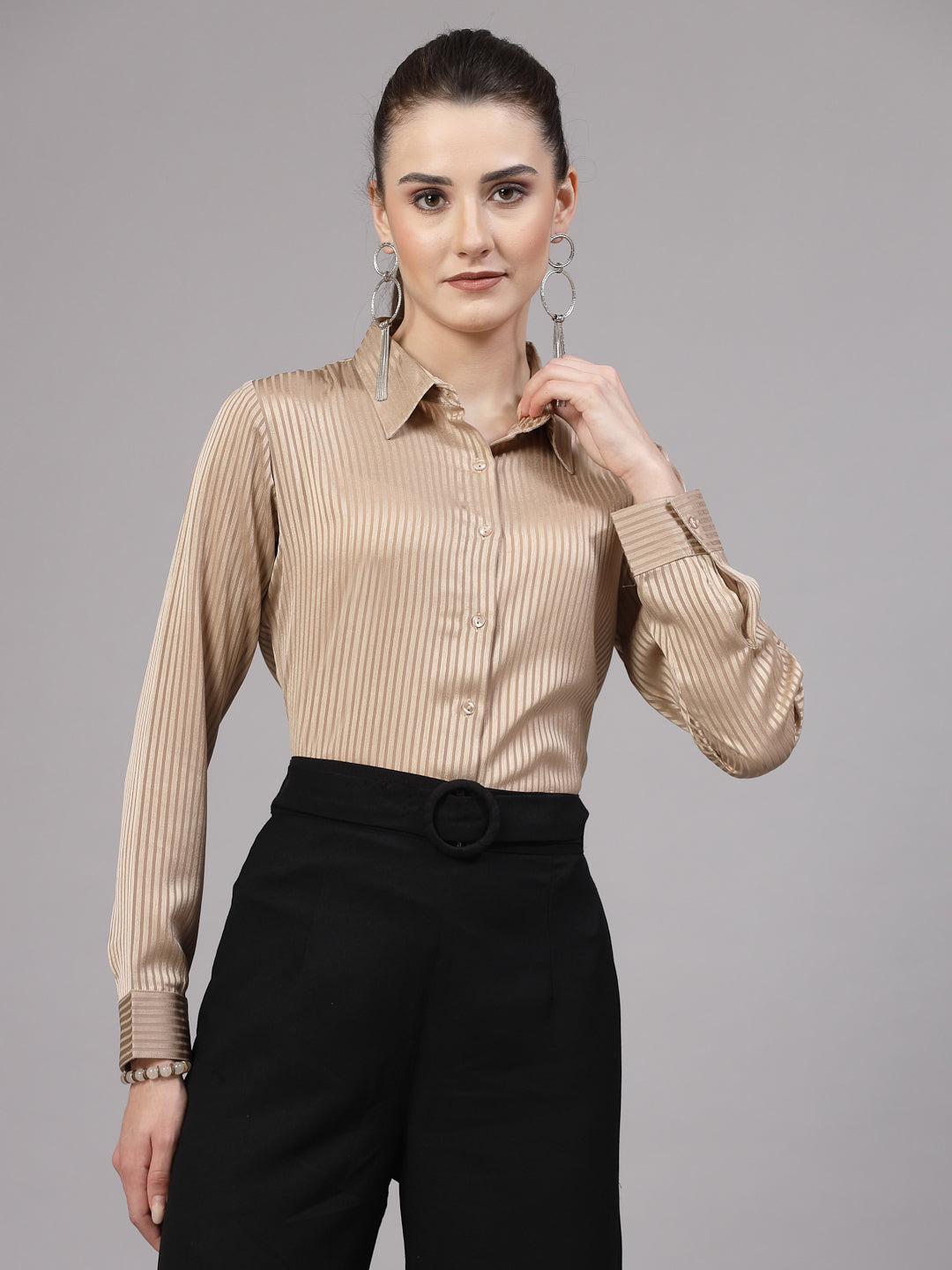 Style Quotient Women Gold Self Design Polyester Satin Party Shirt