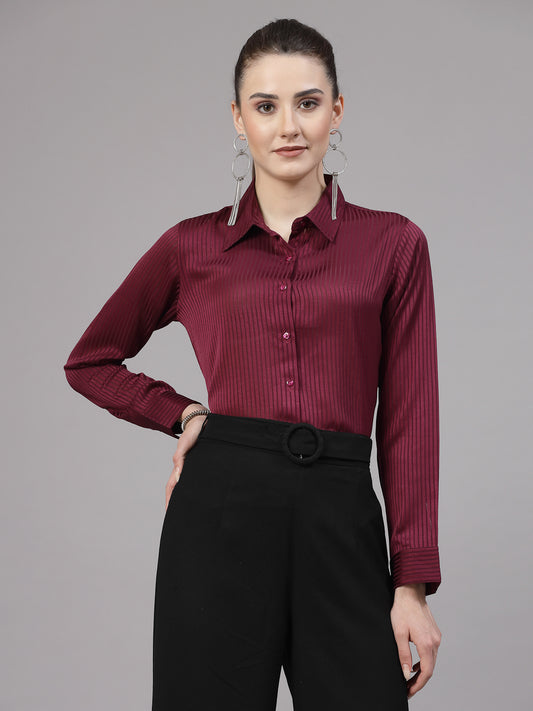 Style Quotient Women Maroon Self Design Polyester Satin Party Shirt