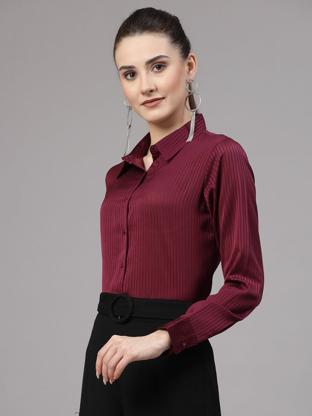 Style Quotient Women Maroon Self Design Polyester Satin Party Shirt