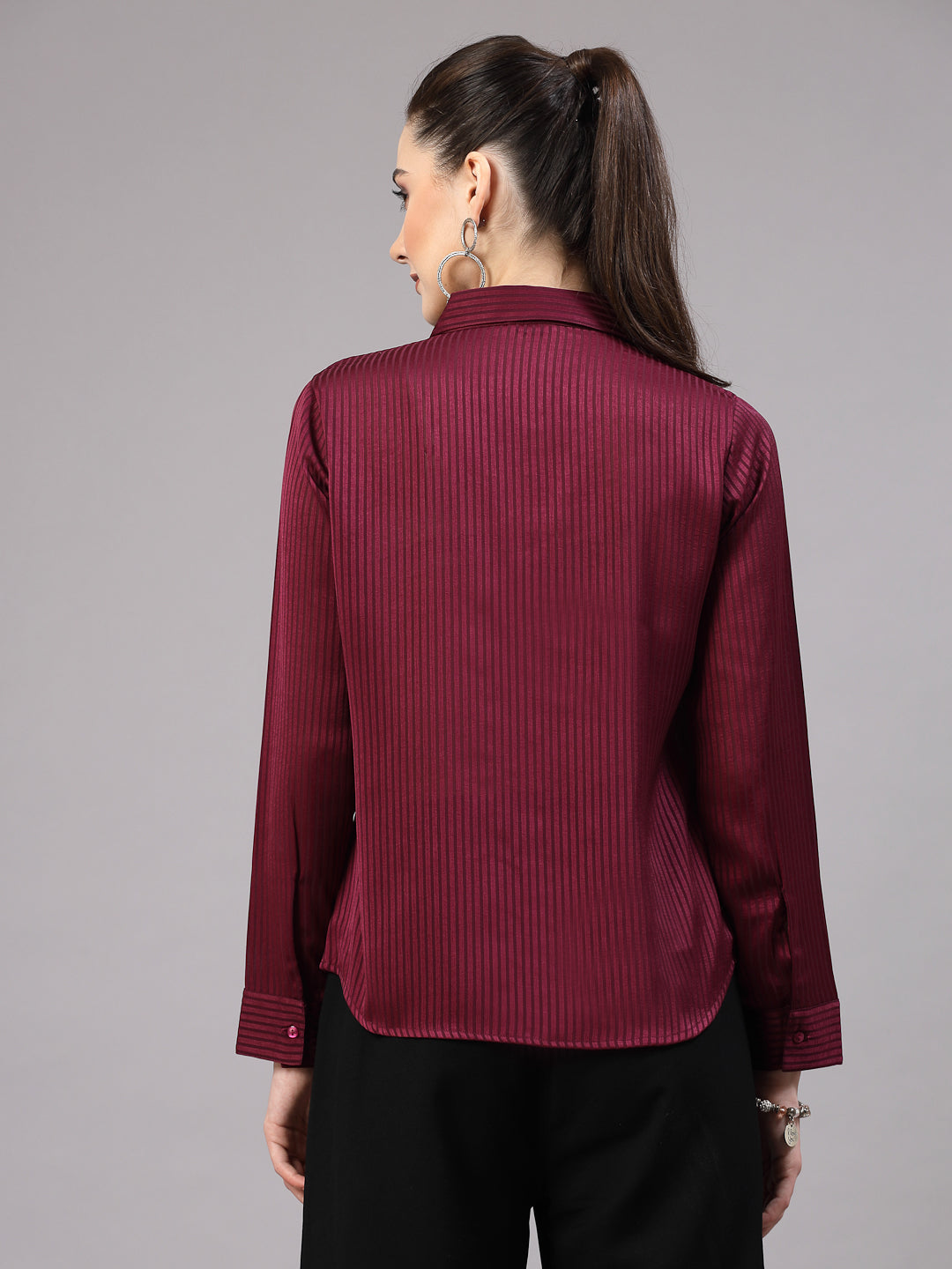 Style Quotient Women Maroon Self Design Polyester Satin Party Shirt