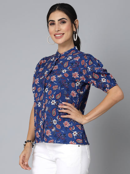 Style Quotients Women Blue Floral Polyester Smart Formal Top