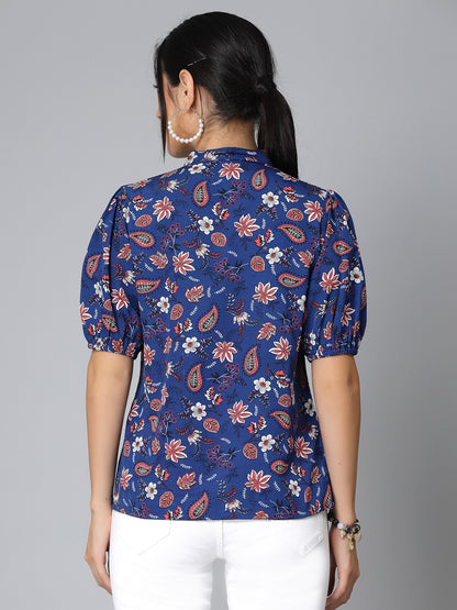 Style Quotients Women Blue Floral Polyester Smart Formal Top