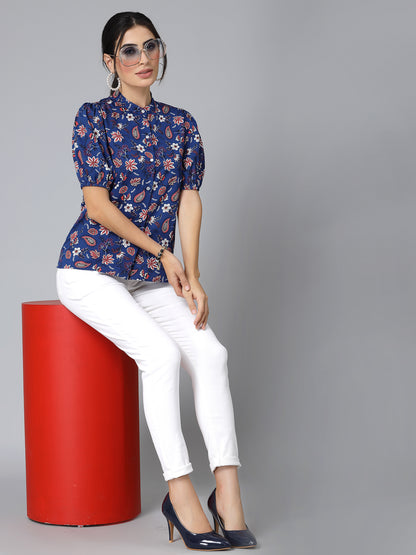 Style Quotients Women Blue Floral Polyester Smart Formal Top