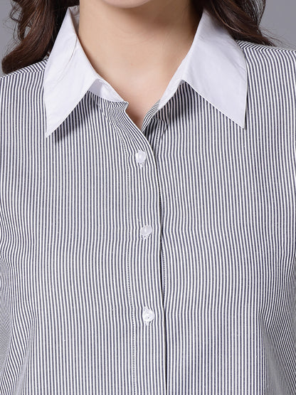 Style Quotient Women Striper Grey and White Polyester Formal Shirt