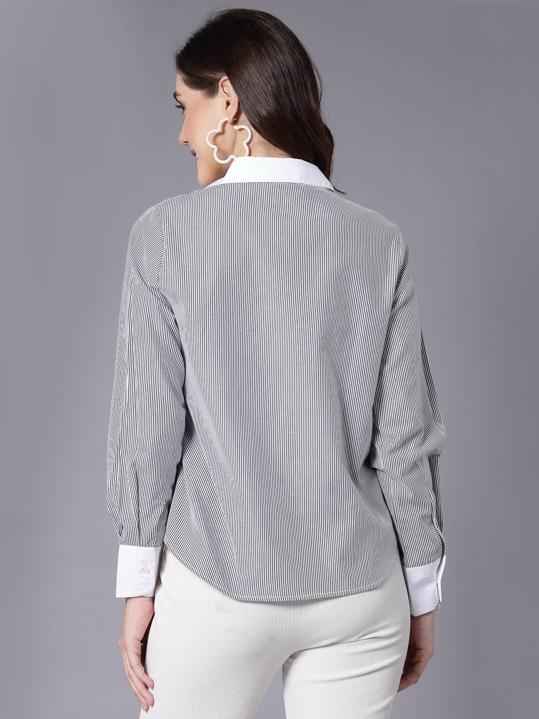 Style Quotient Women Striper Grey and White Polyester Formal Shirt