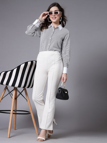 Style Quotient Women Striper Grey and White Polyester Formal Shirt