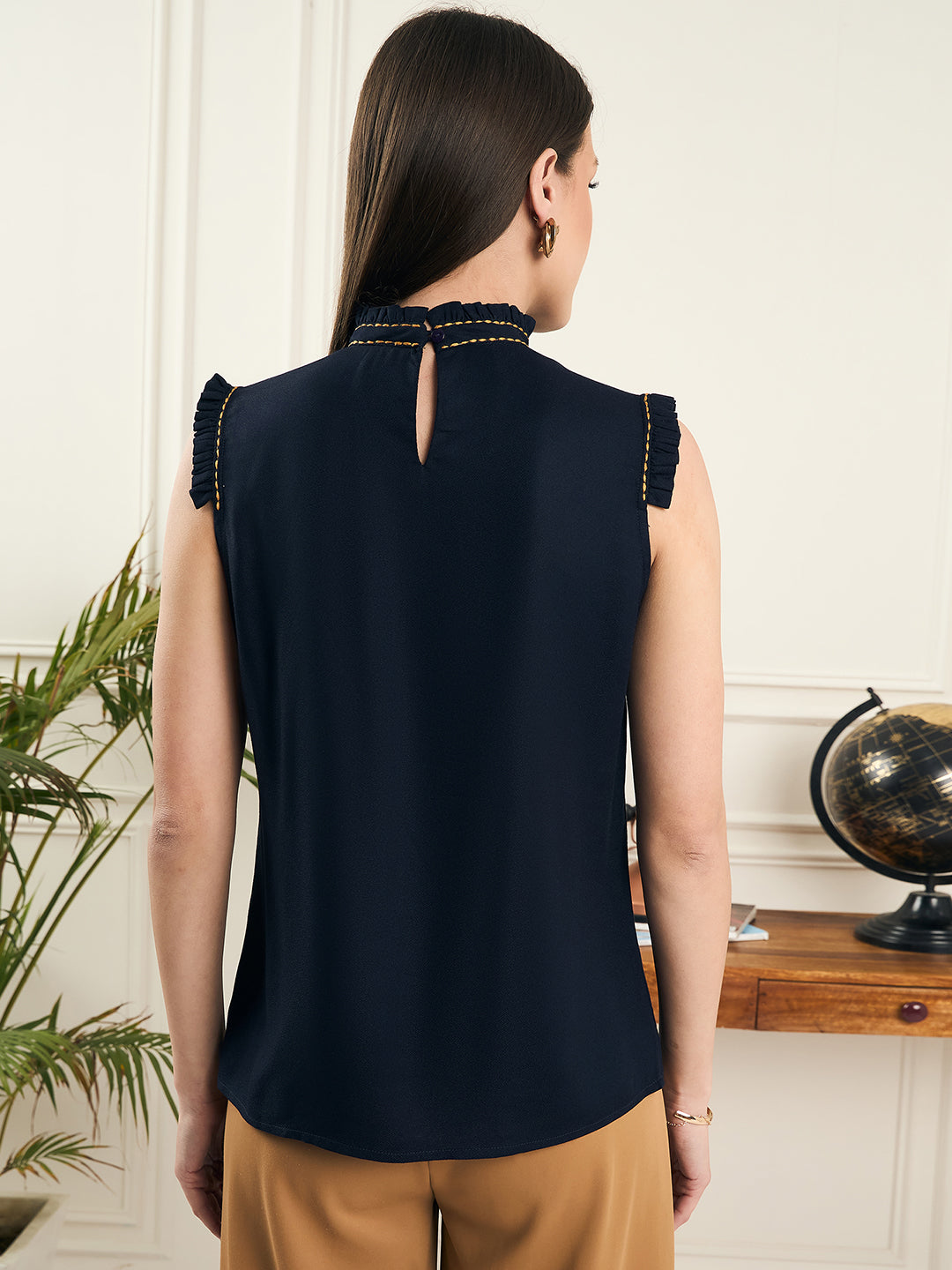 Style Quotient Women Navy Sleeveless Embroidered Top