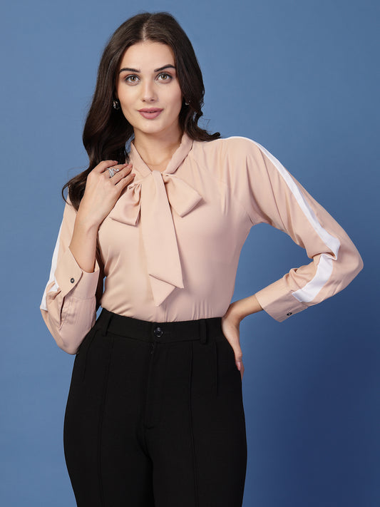 Style Quotient Women Solid Nude And White Polymoss Regular Fit Formal Colorblock Shirt