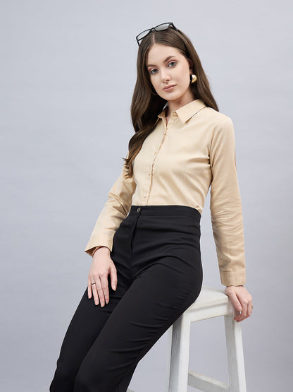 Style Quotient Women Self Design Beige polycotton Formal Shirt