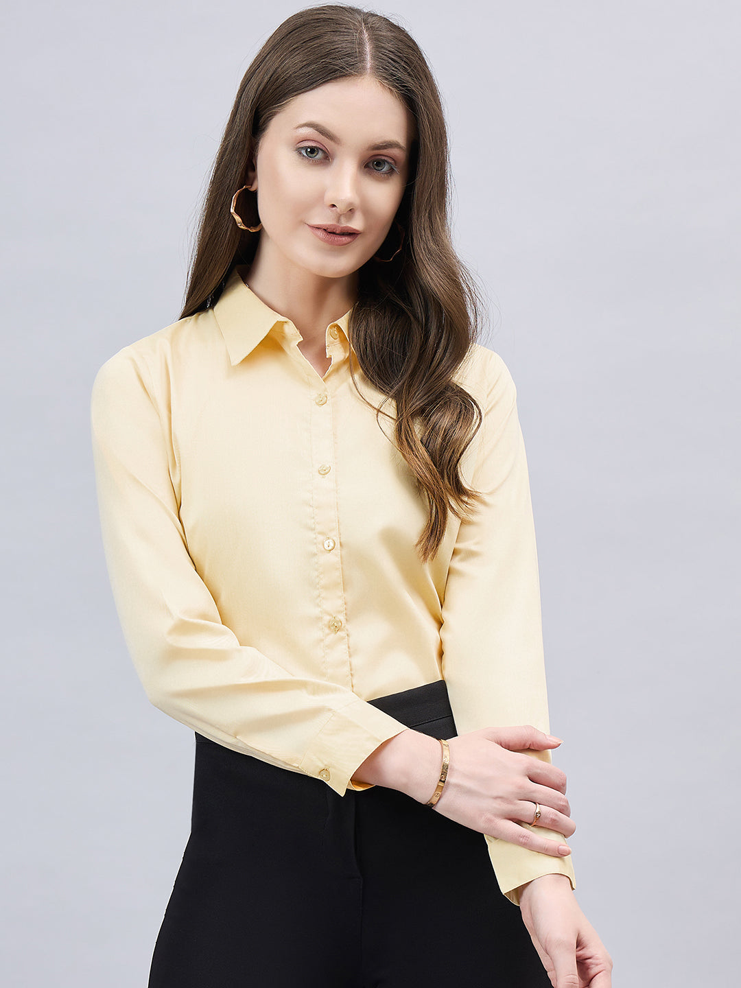 Style Quotient Women Solid Yellow Chambrey Regular Formal Shirt