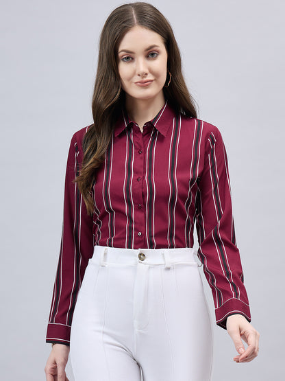 Style Quotient Women Maroon Stripe Printed Polyester Regular Fit Formal Shirt