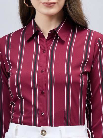 Style Quotient Women Maroon Stripe Printed Polyester Regular Fit Formal Shirt