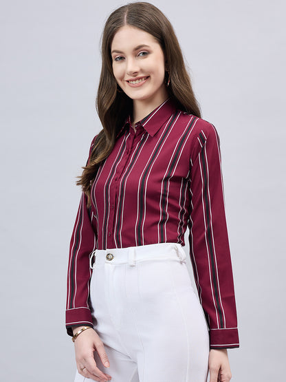 Style Quotient Women Maroon Stripe Printed Polyester Regular Fit Formal Shirt