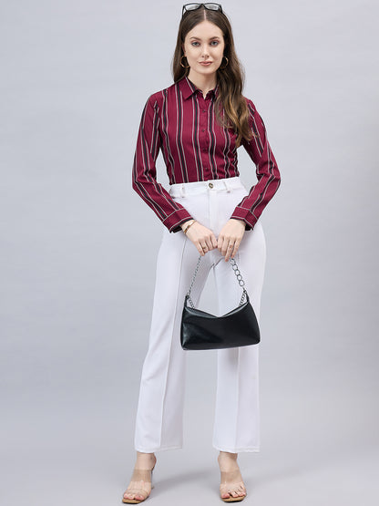 Style Quotient Women Maroon Stripe Printed Polyester Regular Fit Formal Shirt