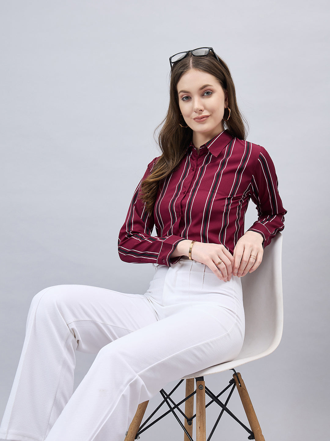 Style Quotient Women Maroon Stripe Printed Polyester Regular Fit Formal Shirt