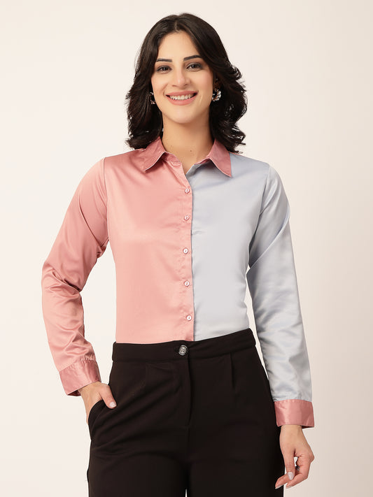 Style Quotient Women Color Block Rose And Light Grey Satin Regular Fit Formal Shirt