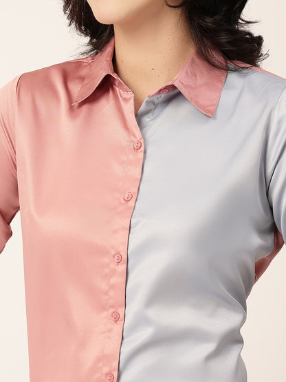 Style Quotient Women Color Block Rose And Light Grey Satin Regular Fit Formal Shirt