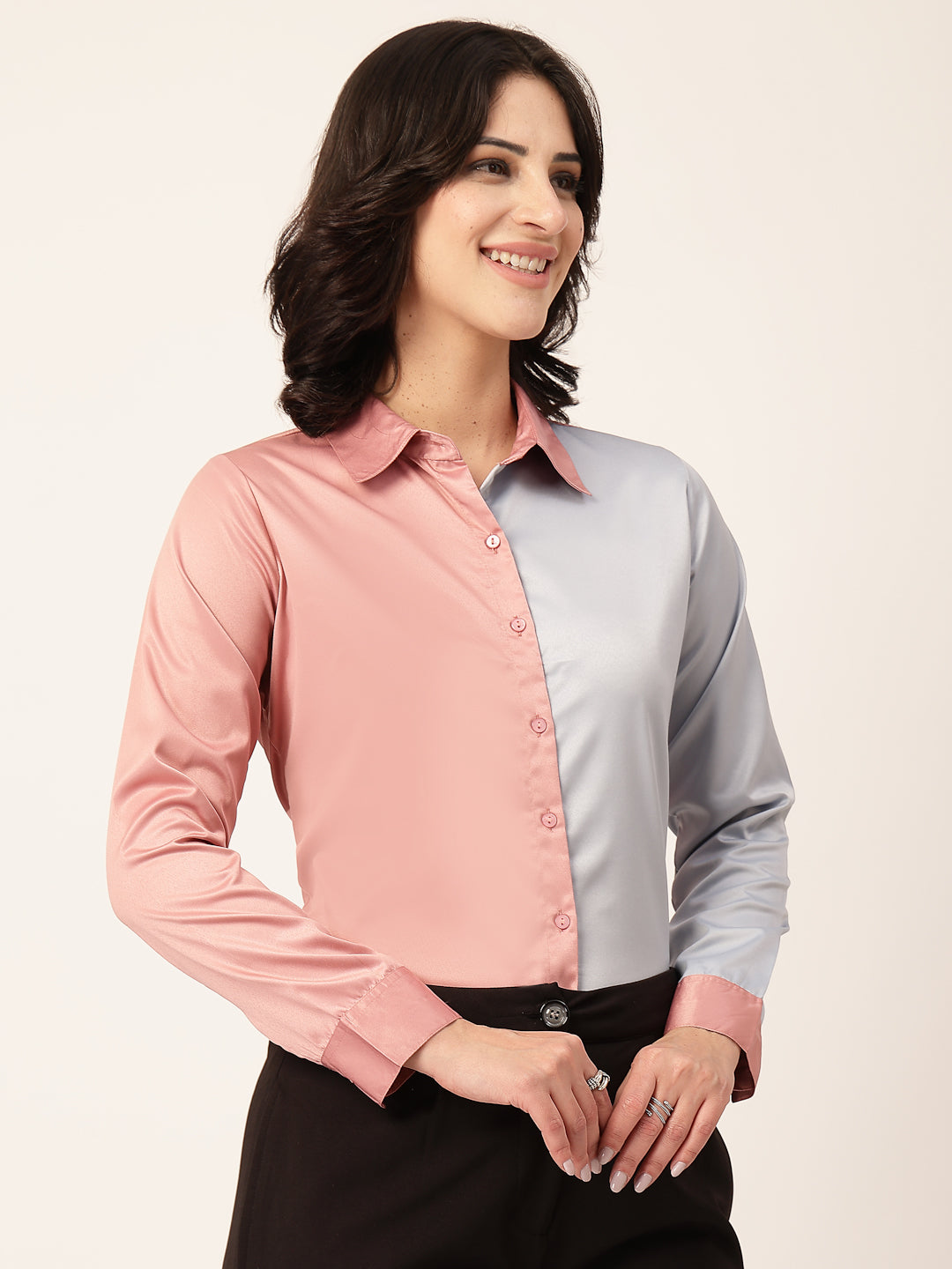 Style Quotient Women Color Block Rose And Light Grey Satin Regular Fit Formal Shirt