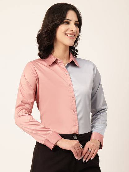 Style Quotient Women Color Block Rose And Light Grey Satin Regular Fit Formal Shirt