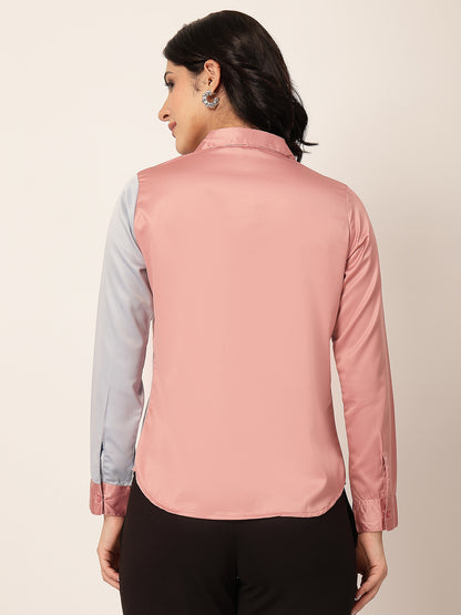Style Quotient Women Color Block Rose And Light Grey Satin Regular Fit Formal Shirt