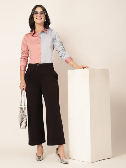 Style Quotient Women Color Block Rose And Light Grey Satin Regular Fit Formal Shirt