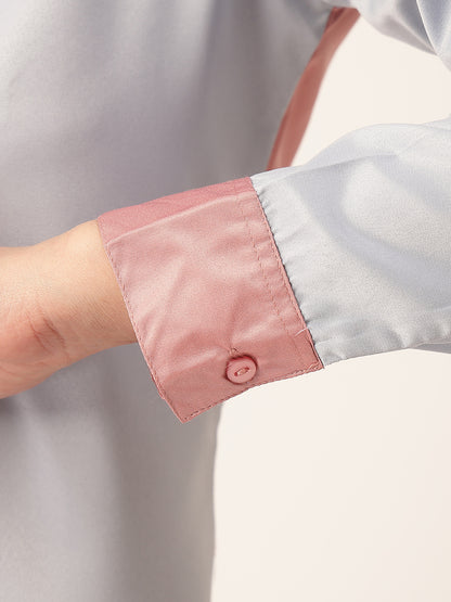 Style Quotient Women Color Block Rose And Light Grey Satin Regular Fit Formal Shirt