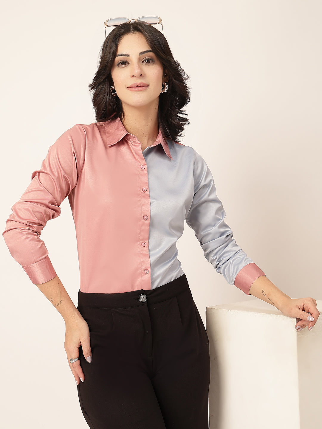 Style Quotient Women Color Block Rose And Light Grey Satin Regular Fit Formal Shirt