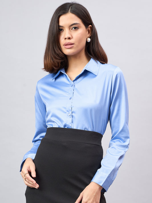 Style Quotient Women Blue Satin Regular Formal Shirt