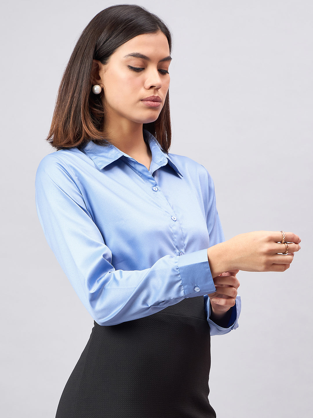 Style Quotient Women Blue Satin Regular Formal Shirt