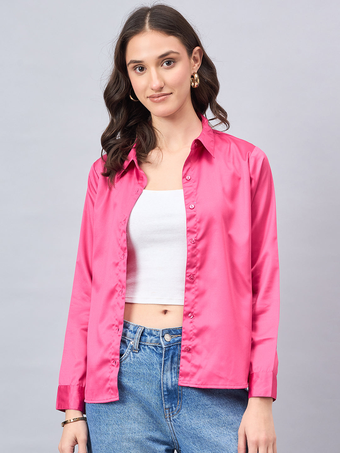 Style Quotient Women Fuchsia Pink Satin Regular Formal Shirt