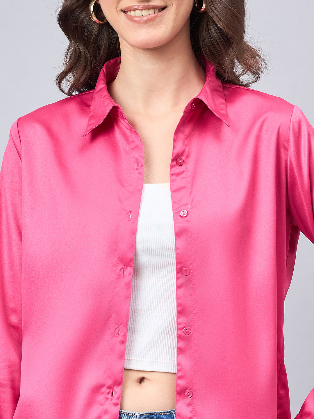 Style Quotient Women Fuchsia Pink Satin Regular Formal Shirt