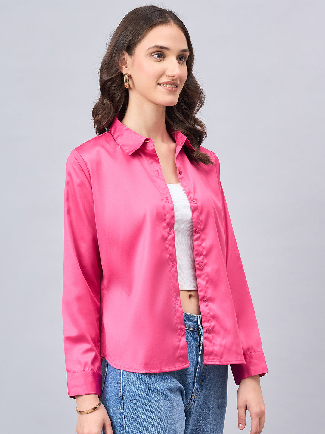 Style Quotient Women Fuchsia Pink Satin Regular Formal Shirt