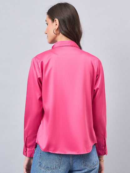 Style Quotient Women Fuchsia Pink Satin Regular Formal Shirt