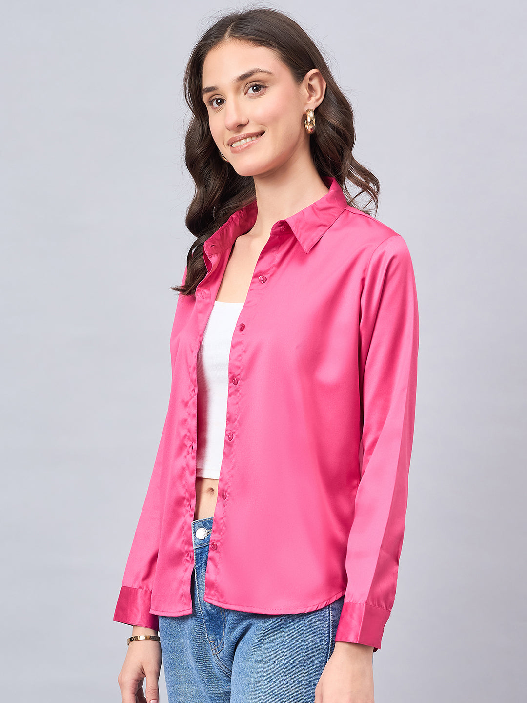 Style Quotient Women Fuchsia Pink Satin Regular Formal Shirt