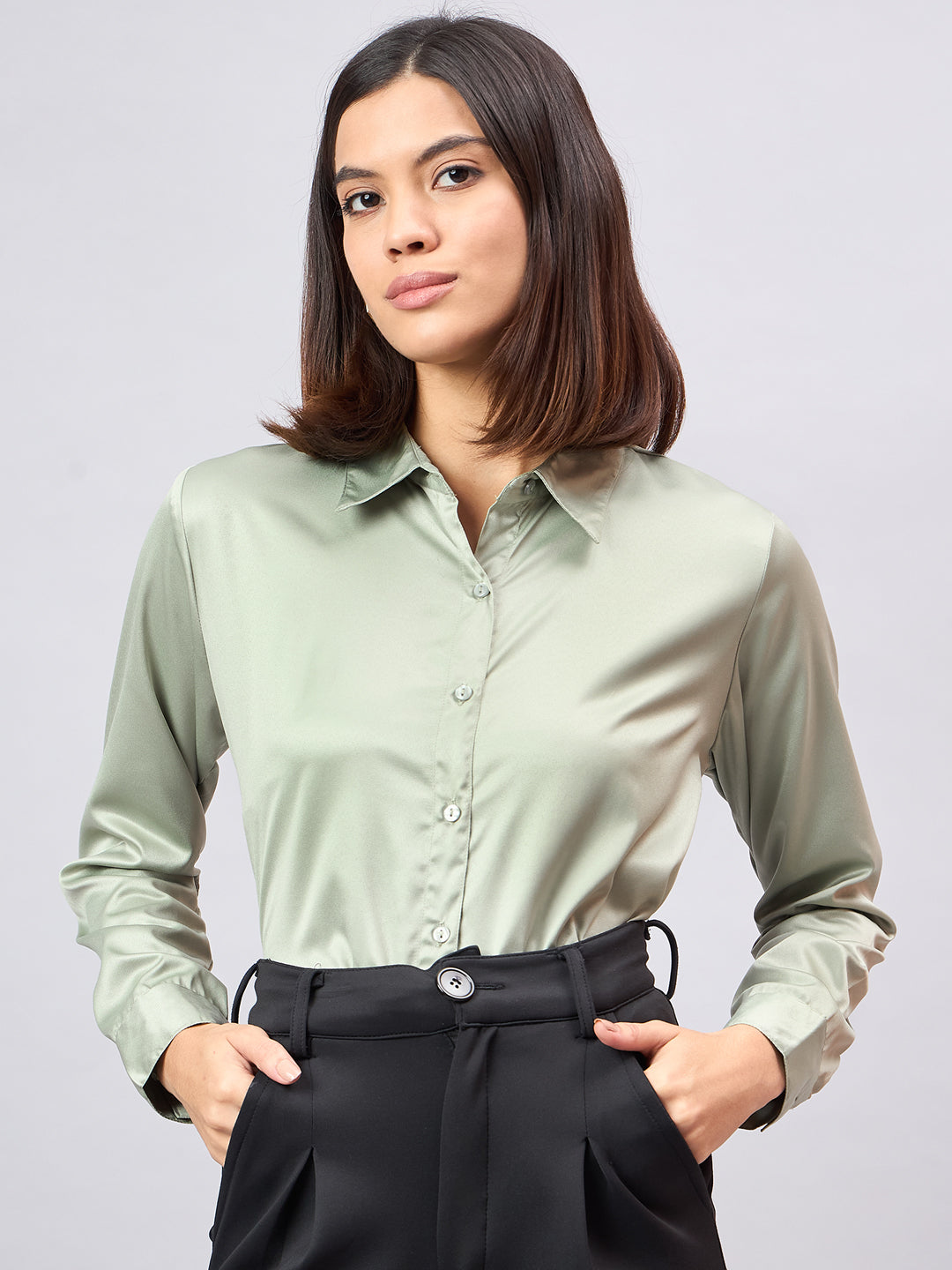 Style Quotient Women Sage Green Satin Regular Formal Shirt