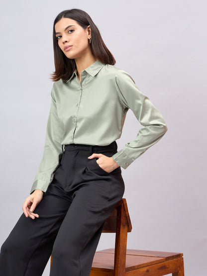 Style Quotient Women Sage Green Satin Regular Formal Shirt