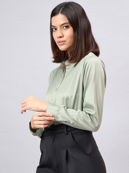 Style Quotient Women Sage Green Satin Regular Formal Shirt