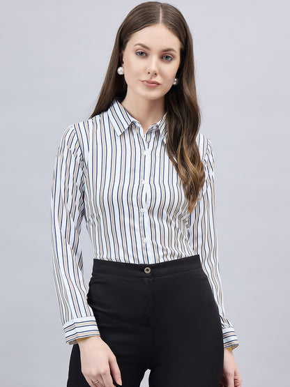 Style Quotient Women Beige and Navy Stripe Printed Regular Fit Polyester Formal Shirt