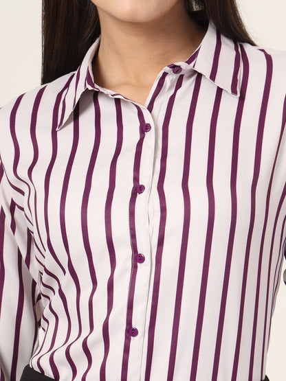 Style Quotient Women Magenta And Off White Stripe Printed Polyester  Regular Fit Formal Shirt