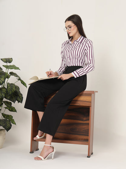 Style Quotient Women Magenta And Off White Stripe Printed Polyester  Regular Fit Formal Shirt