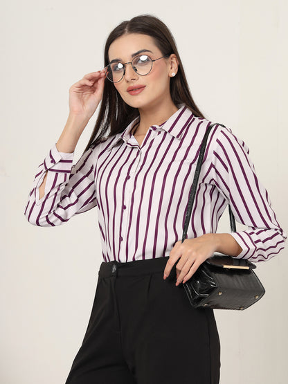 Style Quotient Women Magenta And Off White Stripe Printed Polyester  Regular Fit Formal Shirt