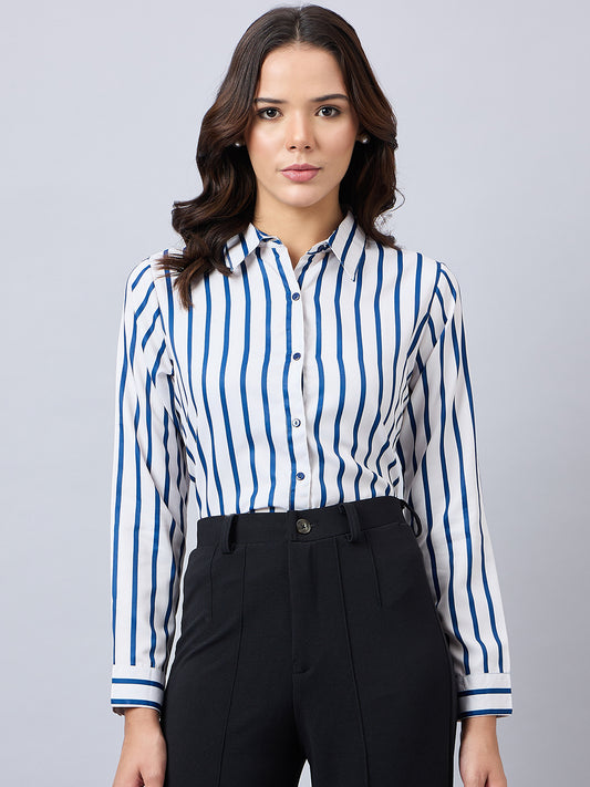 Style Quotient Women Navy And Off White Stripe Printed Polyester Regular Fit Formal Shirt