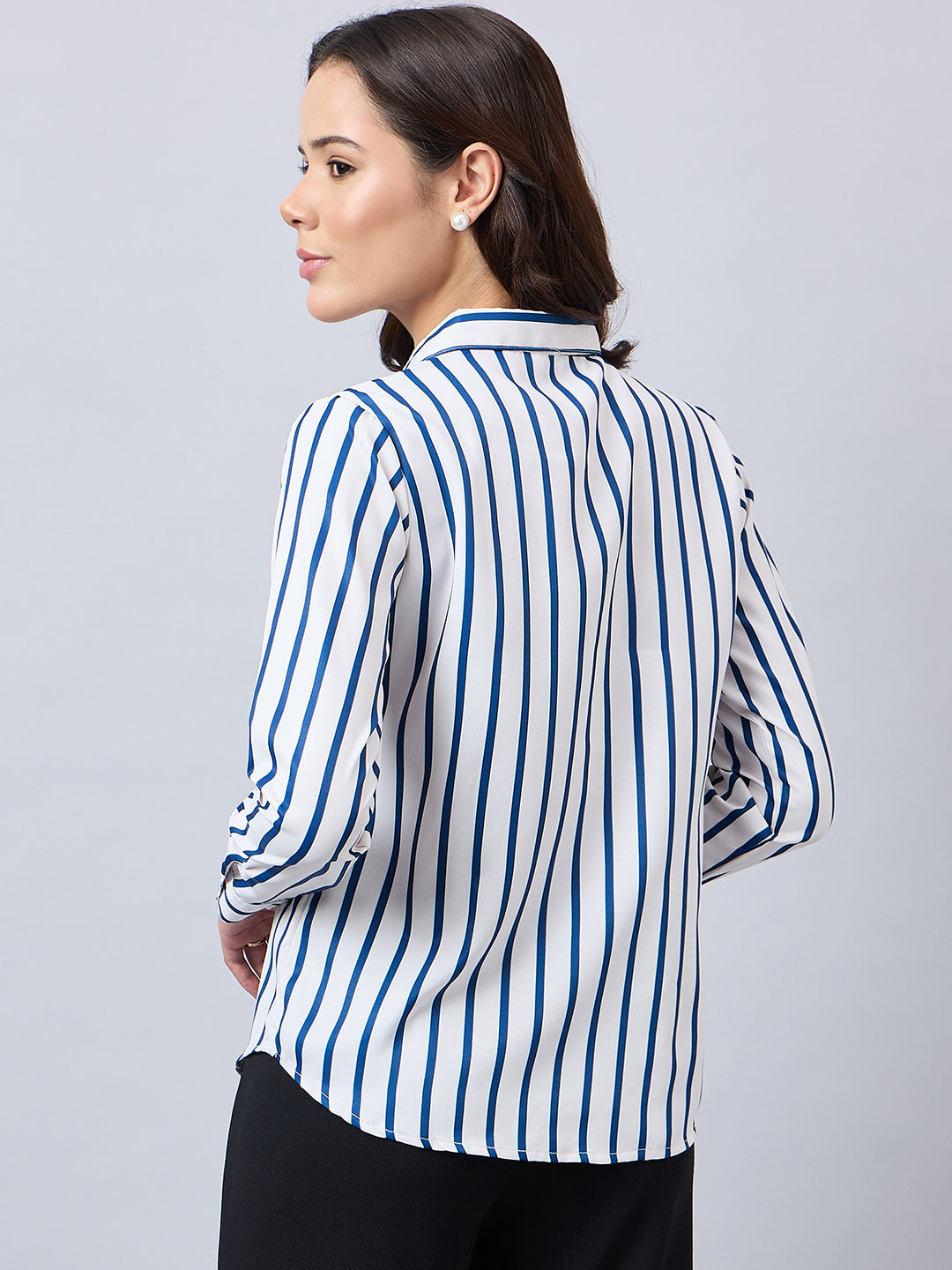 Style Quotient Women Navy And Off White Stripe Printed Polyester Regular Fit Formal Shirt
