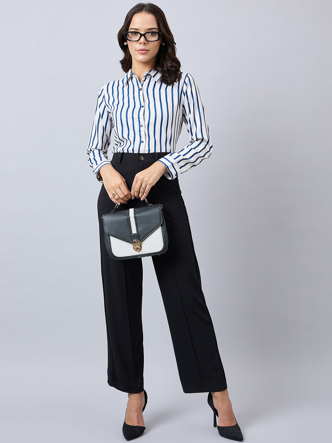 Style Quotient Women Navy And Off White Stripe Printed Polyester Regular Fit Formal Shirt