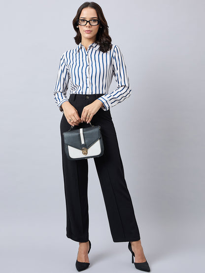 Style Quotient Women Navy And Off White Stripe Printed Polyester Regular Fit Formal Shirt
