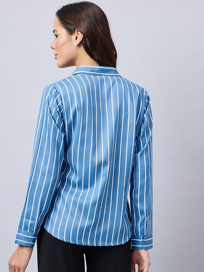Style Quotient Women Slate Blue And White Stripe Printed Polyester Regular Fit Formal Shirt