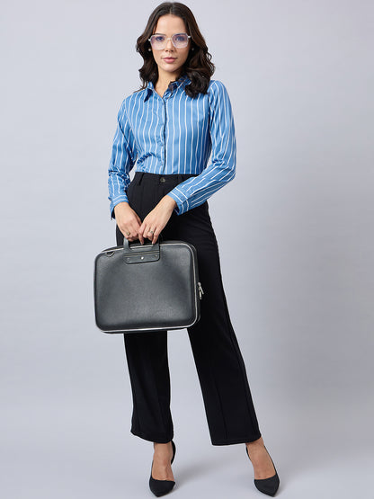 Style Quotient Women Slate Blue And White Stripe Printed Polyester Regular Fit Formal Shirt