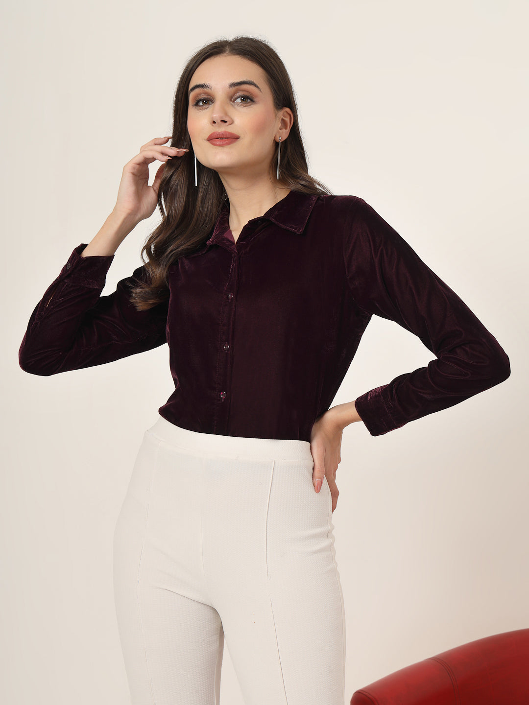 Style Quotient Women Wine Velvet Regular Fit Formal Shirt