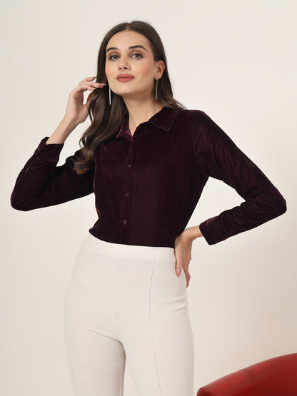 Style Quotient Women Wine Velvet Regular Fit Formal Shirt